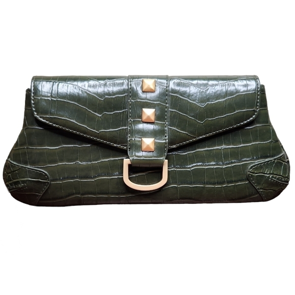 New York & Company Clutch Alligator Print Olive Green Magnetic Closure Purse - Picture 1 of 4